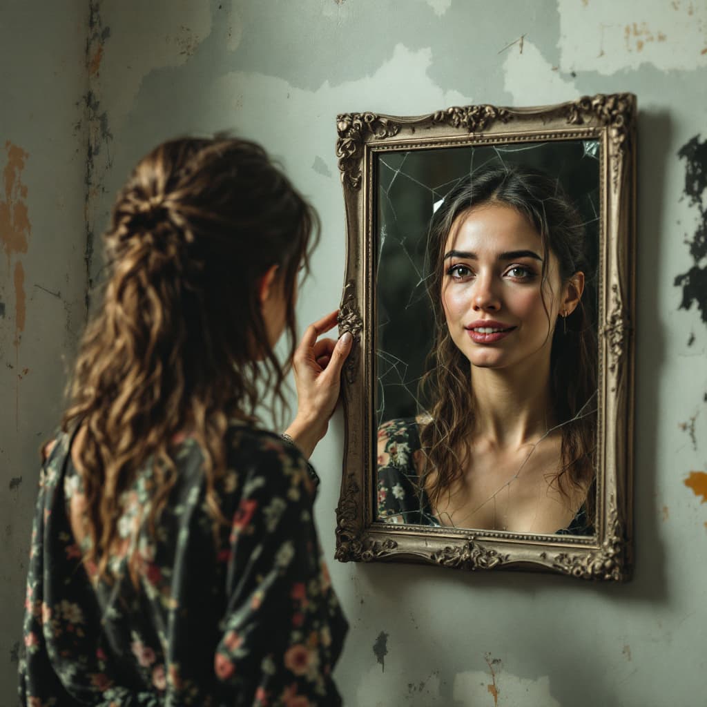 AI generated: a sad woman looking at herself in a very broken mirror, her own smiling face looking back at her fro...
