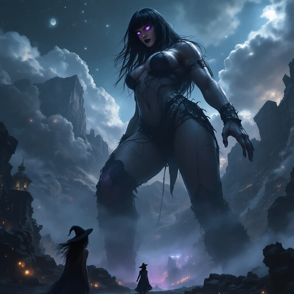 AI generated: enormous giantess female Rhea Ripley from WWE with black medium length hair and straight bangs, bigg...