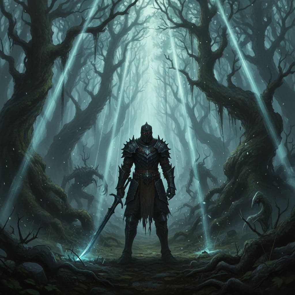 AI generated: A warrior in a dark, foreboding forest, with beams of eerie light piercing through the dense canopy.