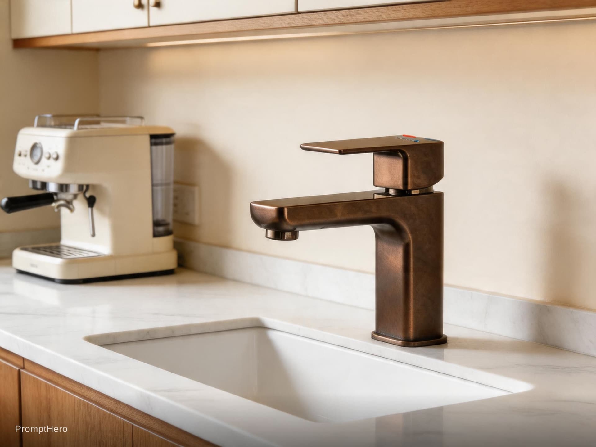 AI generated: modern kitchen, sleek eggshell light beige finishes, with a beige and wood, white marble, EF 24mm f/...