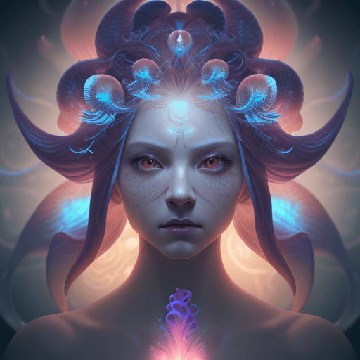 AI generated: Goddess close-up portrait ribcagel. jellyfish phoenix head, nautilus, orchid, skull, betta fish, bio...