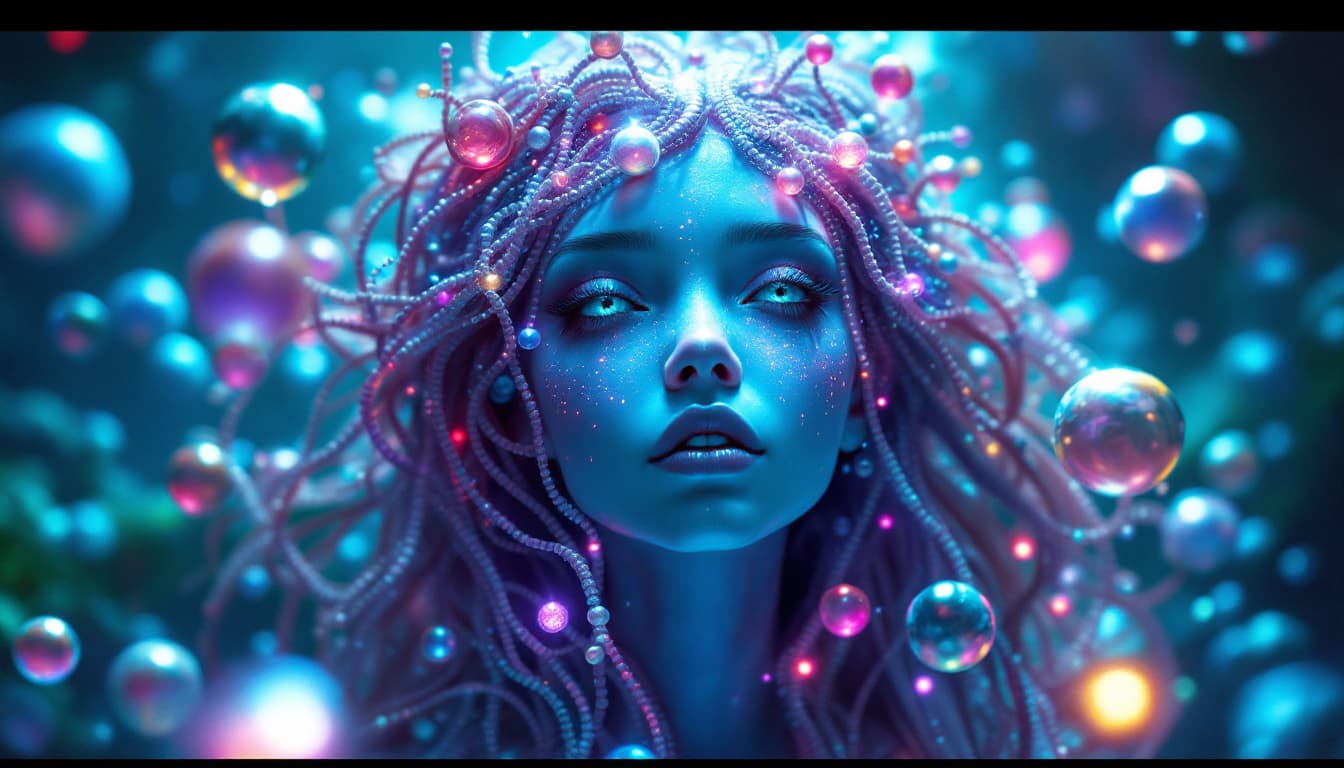 AI generated: Surreal 4k painting of an alien princess with expressive blue eyes and cosmic features. Her skin app...