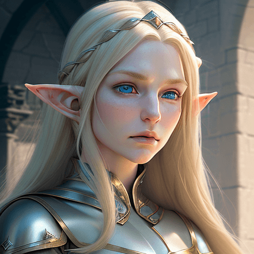 AI generated: ultra-realistic elf female with an androgynous face, long blonde hair, nose blush, and glossy lips. ...