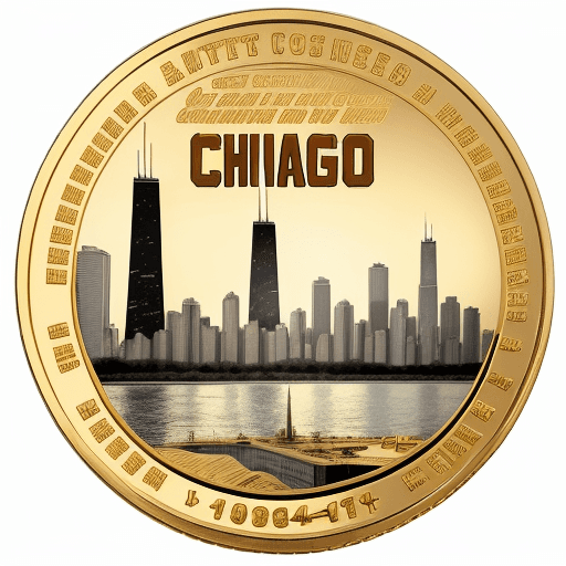 AI generated: "FRANK DA TANK" gold coin with Chicago skyline , with the text at the bottom that says "1984", white...