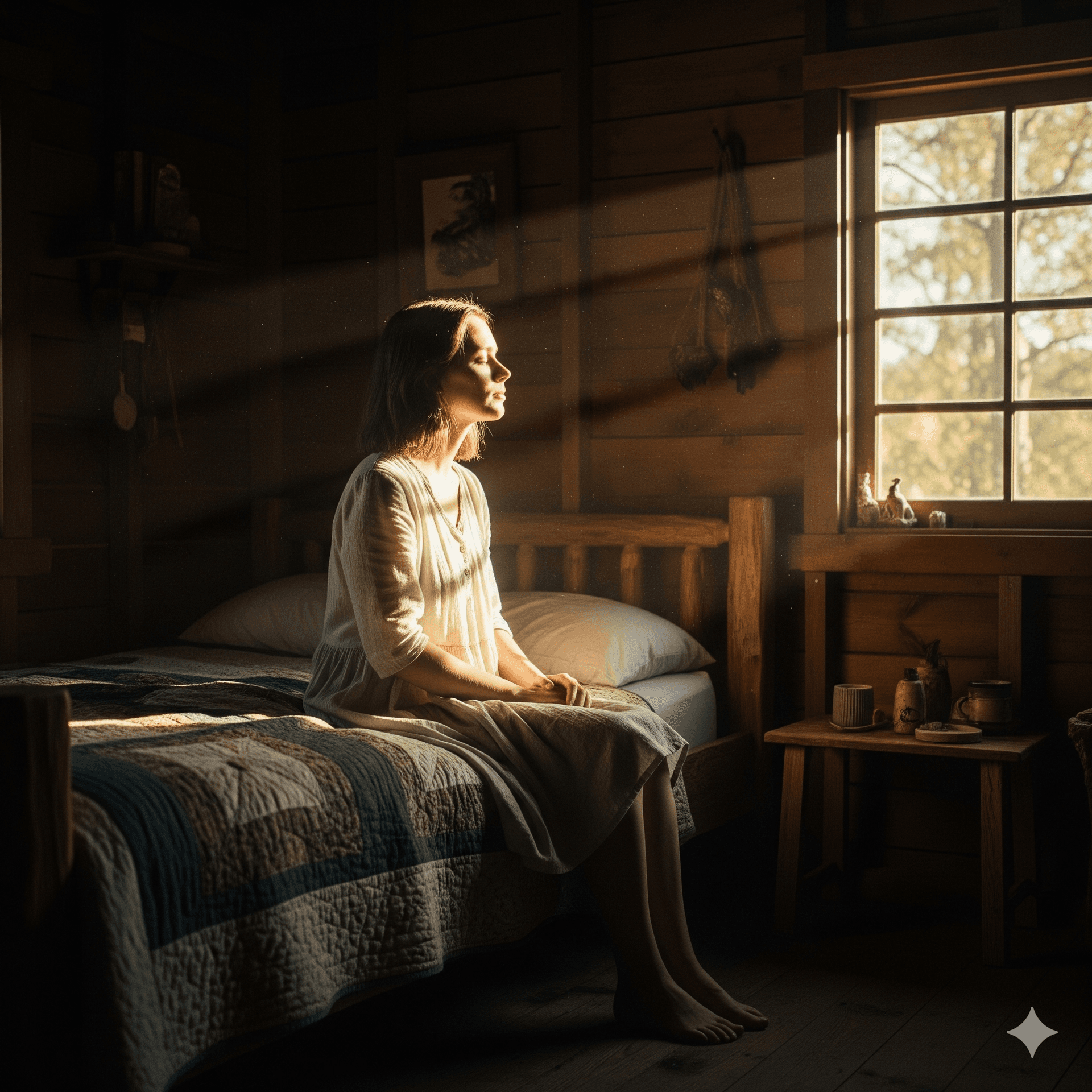 AI generated: A peaceful, cinematic shot of a woman in a sunlit wooden cabin. She sits barefoot on a bed, bathed i...