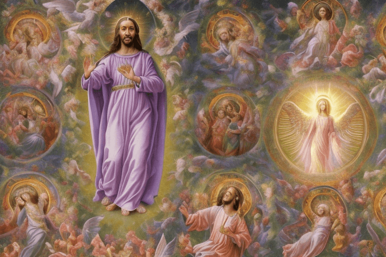 AI generated: Prompt: "A beautifully detailed religious mural collage with a central figure of the Sacred Heart of...