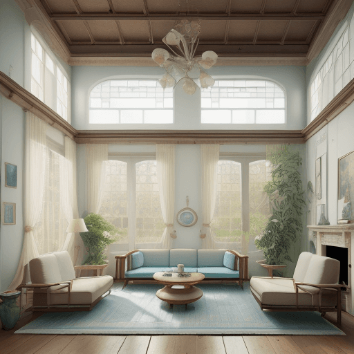 AI generated: High resolution photography interior design, dreamy sunken living room conversation pit, wooden floo...