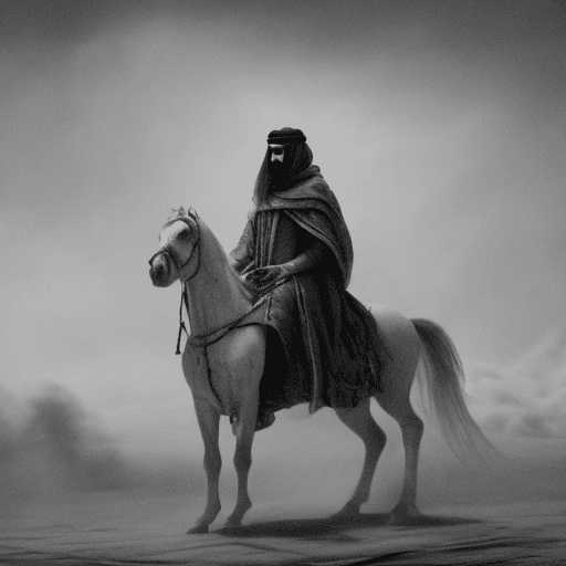 AI generated: far away, in the center, an Arabic man from behind wearing a cloak, sitting on a white horse, standi...
