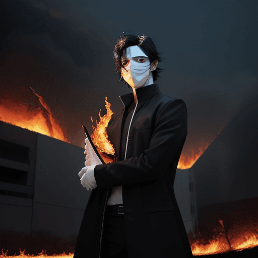 AI generated: An androgynous male with chin-length black hair. He wears a mask that covers his entire face that is...