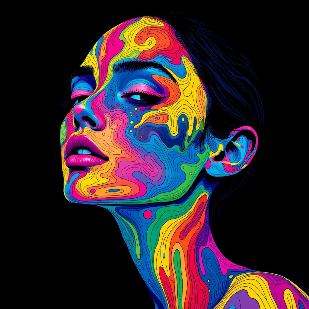 AI generated: colorful illustration by Wadim Kubel and James Jean of a woman, half-body portrait, psychedelic, fac...