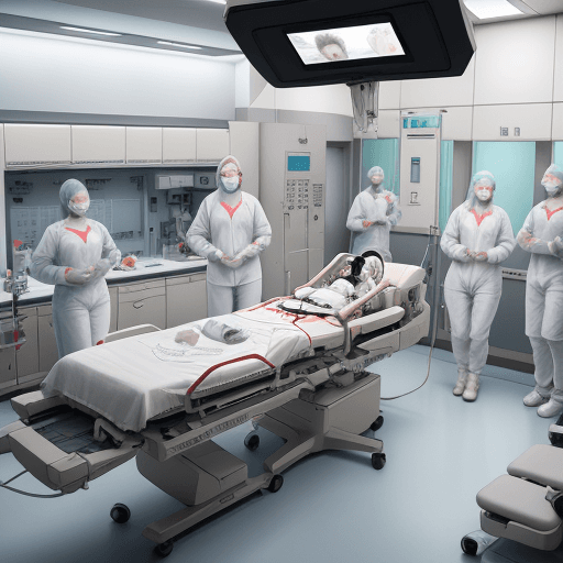 AI generated: Photo of a ultra realistic cadiac operation theatre, patient is operating on the OT table by cardiac...