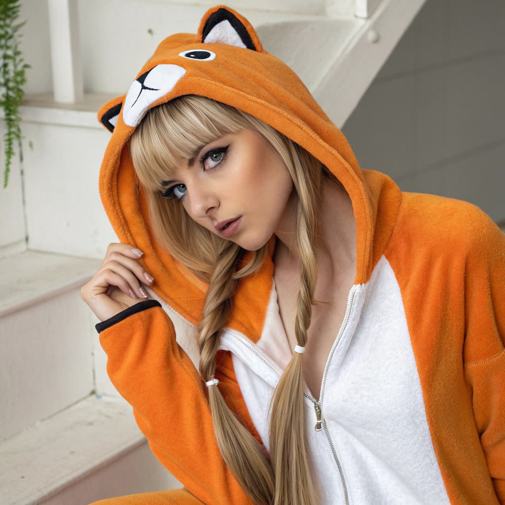AI generated: hyperrealistic 21 year old blonde with bangs and pigtails wearing fox onesie pajamas and showing her...