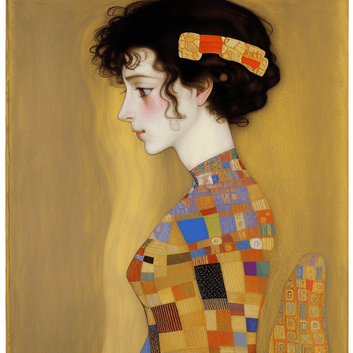 AI generated: side view of surreal young wife, with colourfull cloth, by egon schiele, gustav klimt