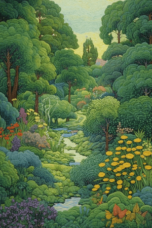 AI generated: A serene and peaceful multi-coloured landscape design, on a lush green background, Pointillism art, ...