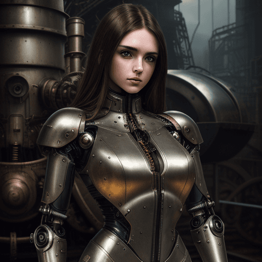 AI generated: brunette girl in metal mechanical suit, industrial revolution machines, intricate details, HDR, beau...