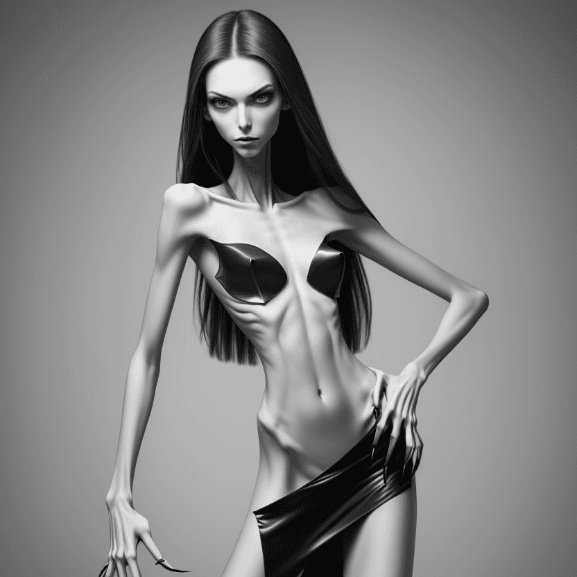 AI generated: photo of face an extremely skinny, flat-chested model with very elongated long nails, like claws pla...