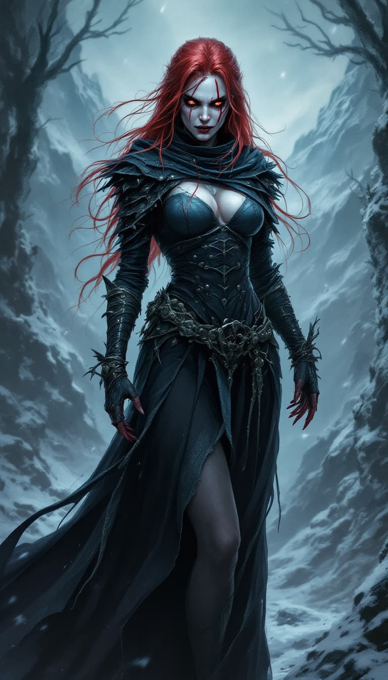 AI generated: Full body, Fantasy illustration of a evil female witch, in her thirties,red hair with a white streak...