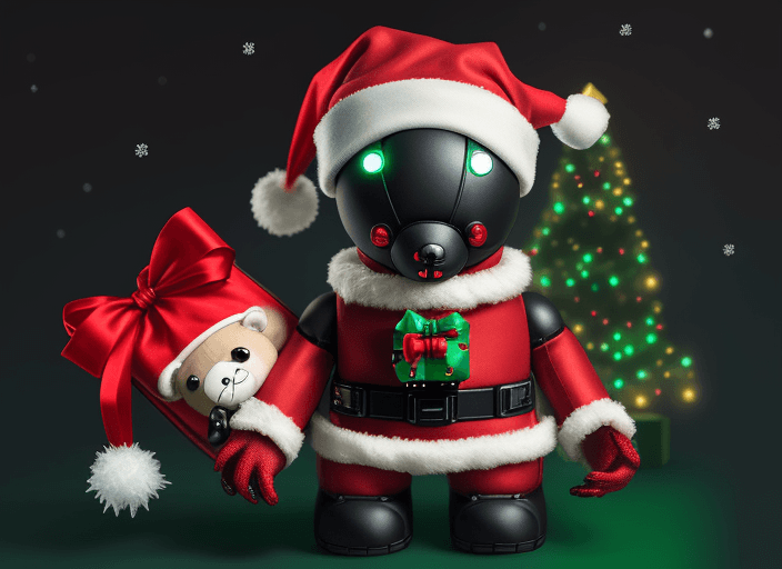 AI generated: Cute Cyber Punk Christmas teddy bear carrying a Santa Bag from front, back, and side  angles
