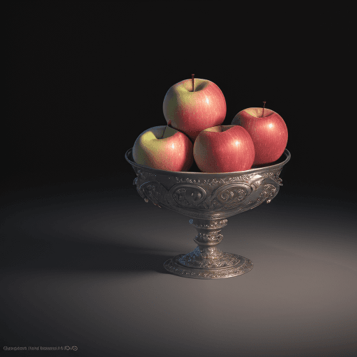 AI generated: 3D render conceptual stilllife with Sony digital camera with chromatic apples flying around the came...