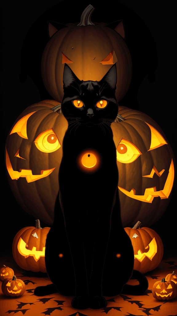 AI generated: An animated image of a black cat with orange eyes and black wings. The cat is sitting on the ground ...