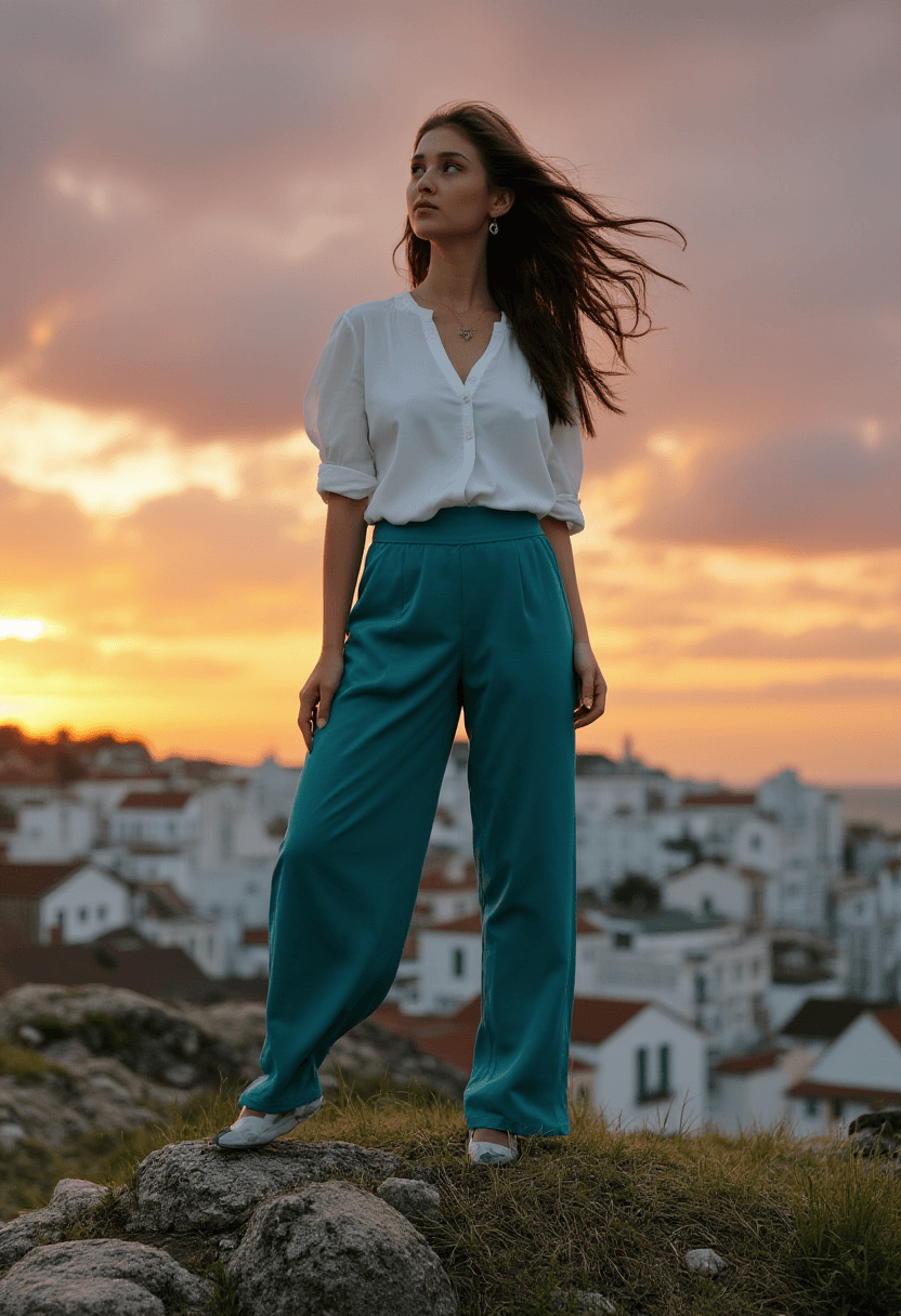AI generated: "A fit adult woman stands on a grassy hilltop overlooking a picturesque town at sunset, her hair flo...