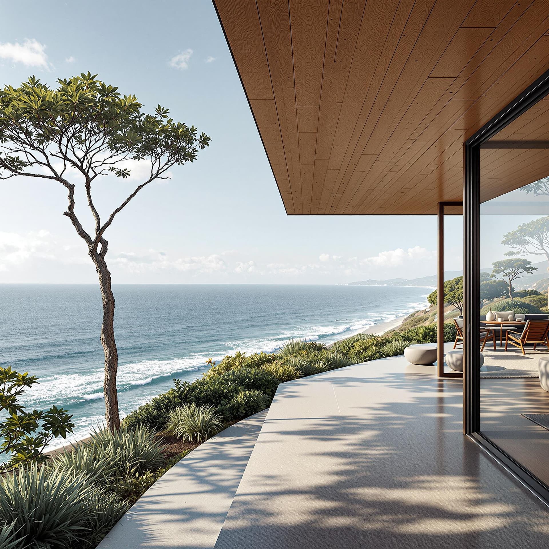 AI generated: Hyper realistic eye level exterior photo of a mid century modern style house overlooking the ocean, ...