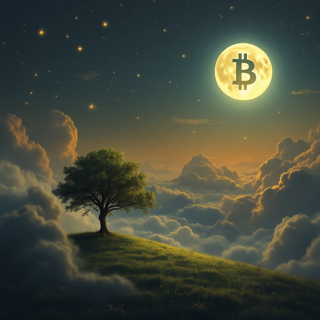 AI generated: A dawn with faint stars showing between many clouds, a full bitcoin-shaped moon illuminating a singl...