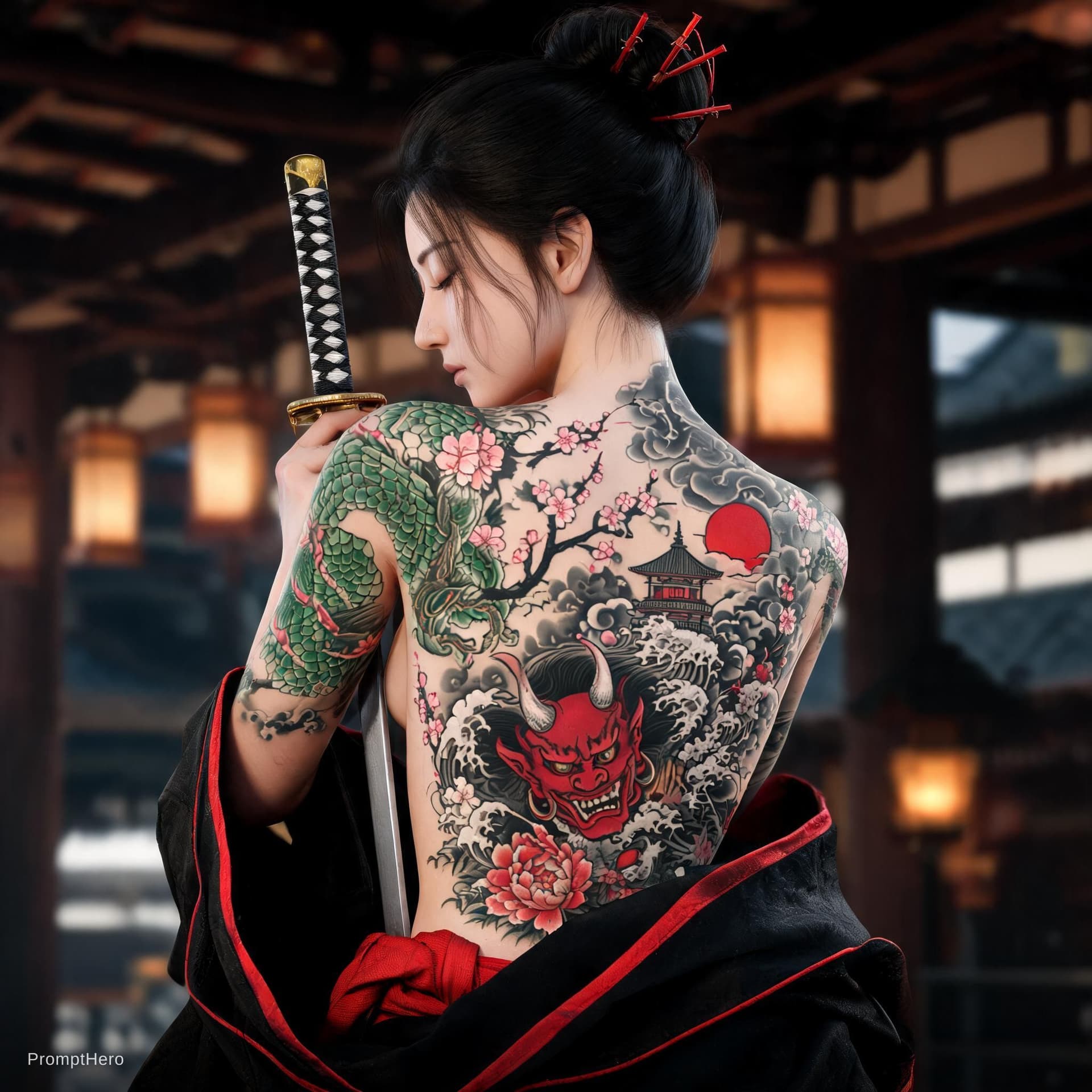 AI generated: Ultra-realistic photograph of a beautiful East Asian woman in her mid-20s, viewed from behind at a t...
