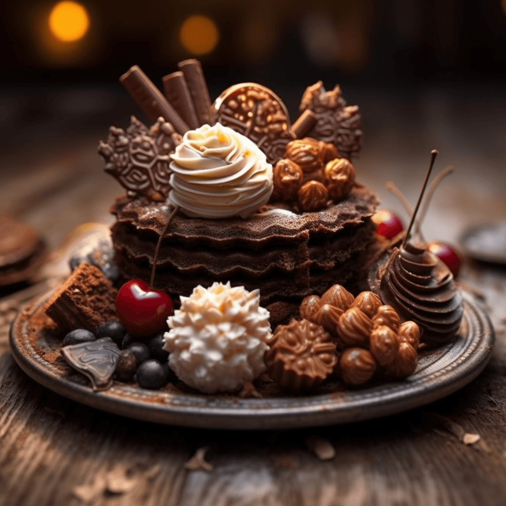 AI generated: Chocolate brownie with caramel sauce, raspberries on top, photography, cinematic shot, professional ...