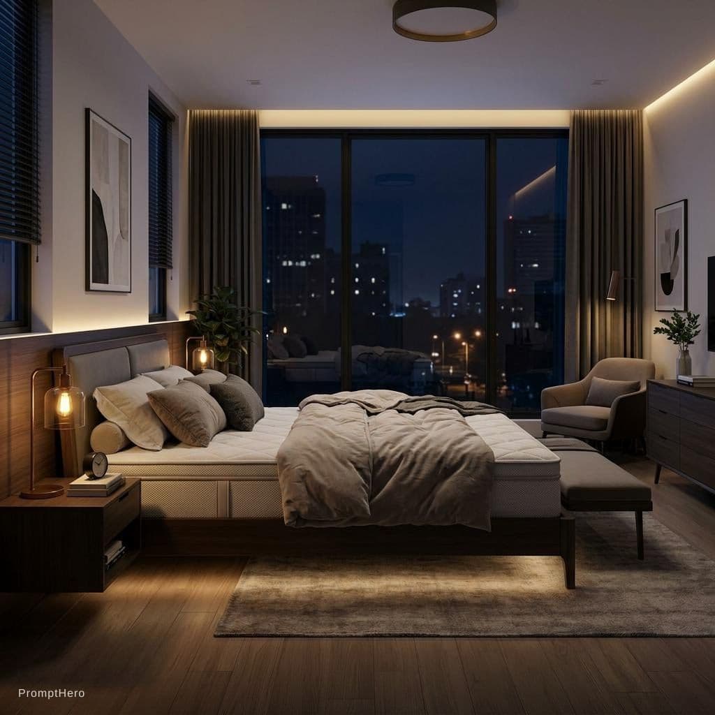 AI generated: place this matress on a bed in a bedroom moderne with a back xindox and furniture in a nghit
