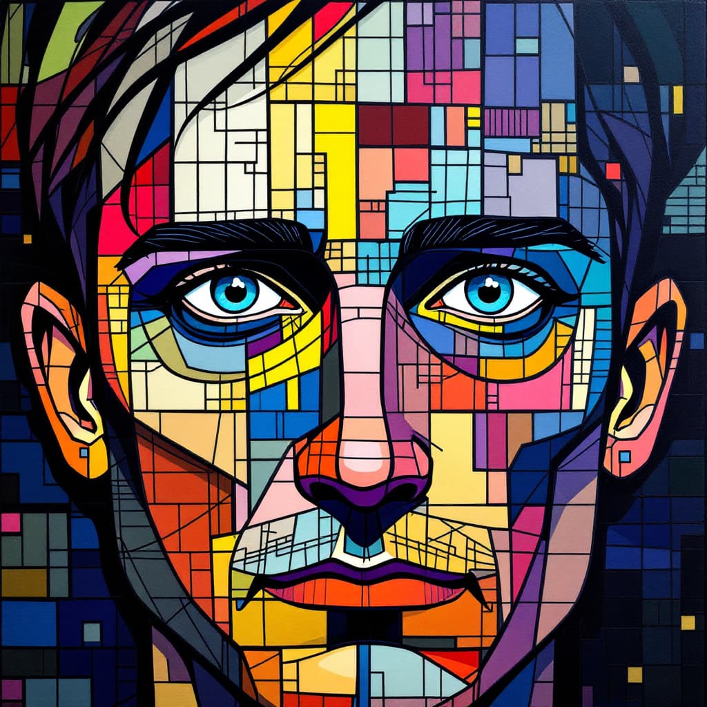 AI generated: illustration, art, man, face, gaze, mosaic, mondrian, consisting random colors, black outline, patte...