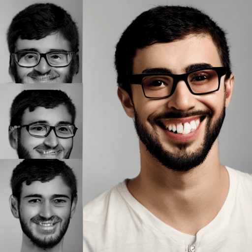 AI generated: youthful male , square face , square glasses , nerd, short  hair, middle eastern, small lips, smile,...