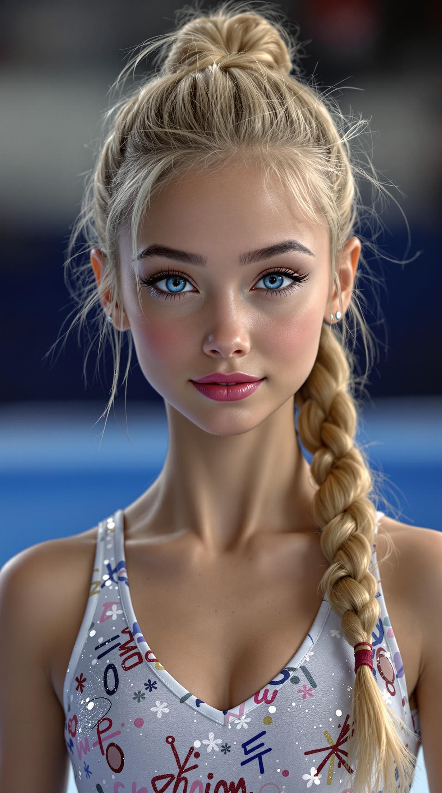 AI generated: A stunning professional photograph captures the world’s most beautiful 4th-grade gymnast in full bod...