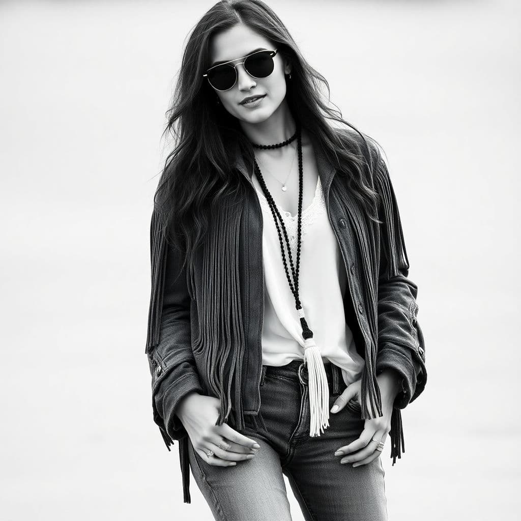 AI generated: ubsurdres detail  black and white  style stipulated beautiful hippy women wearing a fringe jacket an...