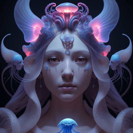 AI generated: Goddess close-up portrait ribcagel. jellyfish phoenix head, nautilus, orchid, skull, betta fish, bio...