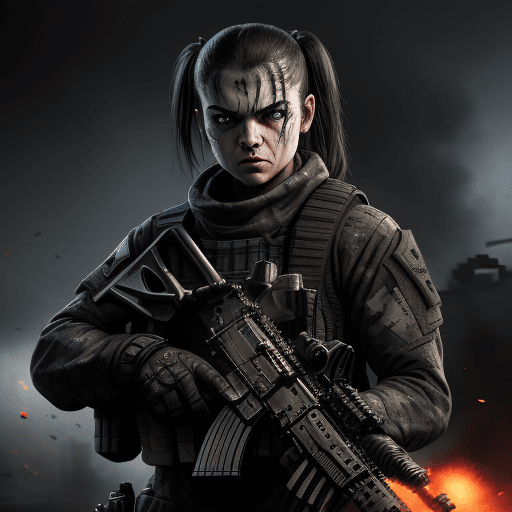 AI generated: Battle-scarred angry man army wearing black ops uniform, holding carbine rifle, anthropomorphic, sup...