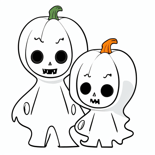 AI generated: plain image, line art, fit canvas, white background, cartoon Halloween two cute baby ghosts, colorin...