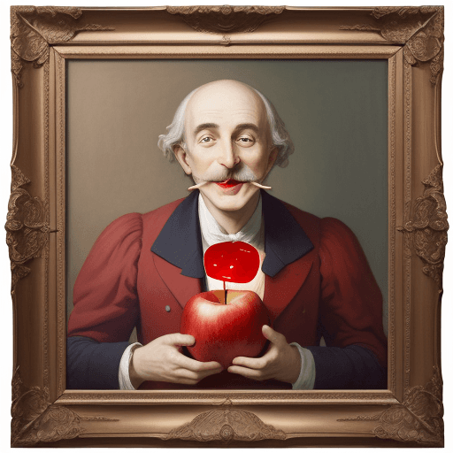 AI generated: A satirical illustration of Albert Einstain the philosopher eating red apple , super-resolution, and...