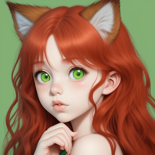 AI generated: 
 manga girl/wavy red hair/green eyes/small wolf ears/small nose/full lips