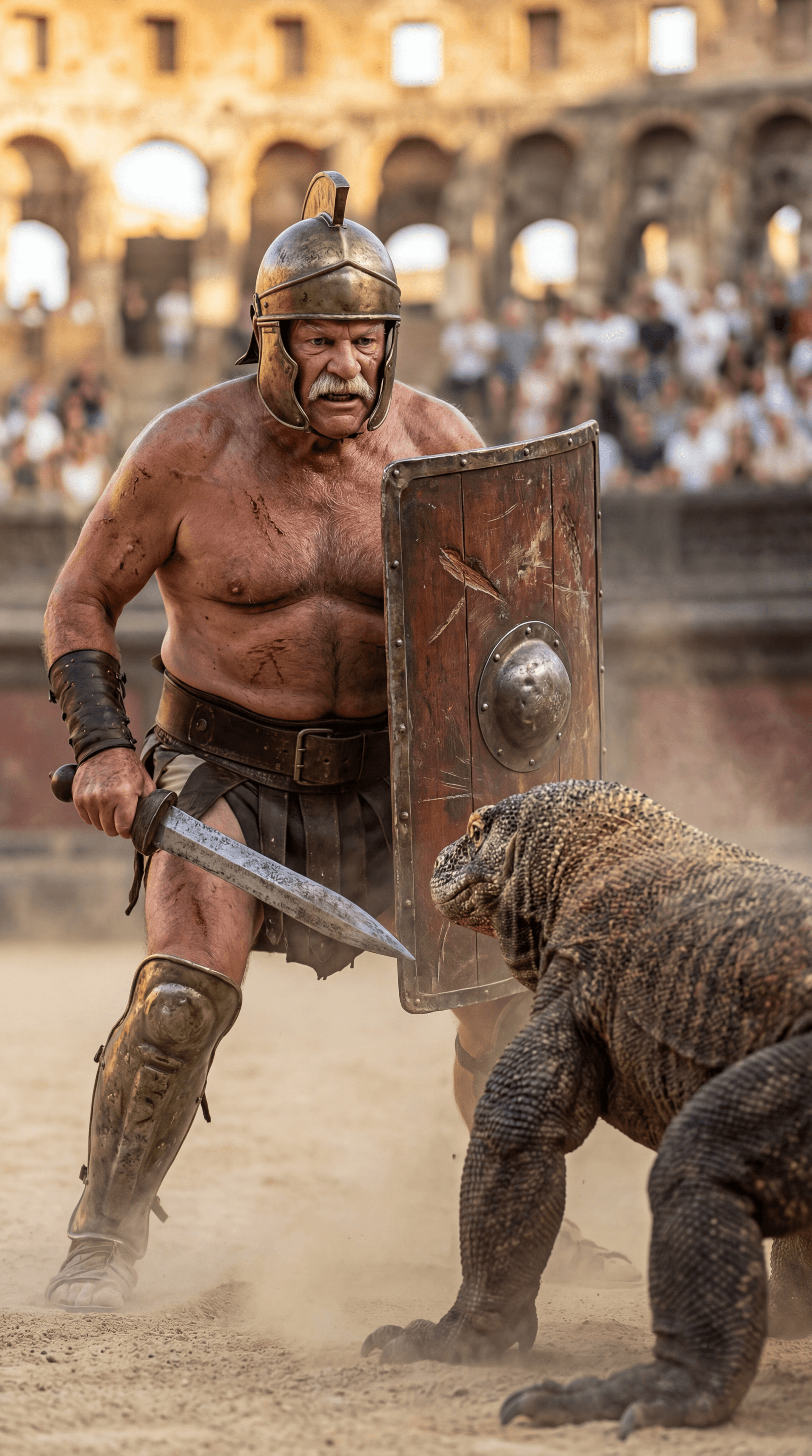 AI generated: Ultra-realistic documentary-style action photography inside the Roman Colosseum, bathed in warm gold...