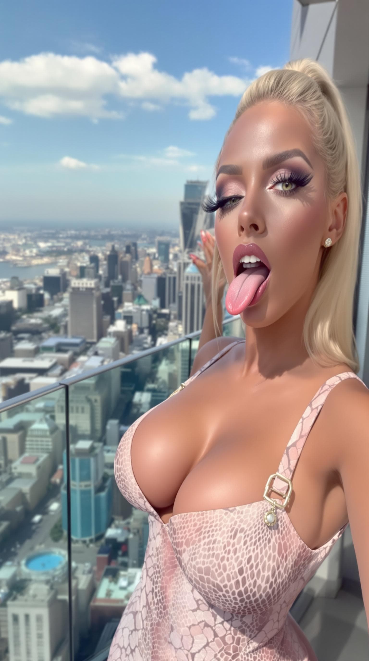 AI generated: Stylish, alluring, blonde on high-rise balcony taking selfie, light-pink snakeskin dress with chest ...