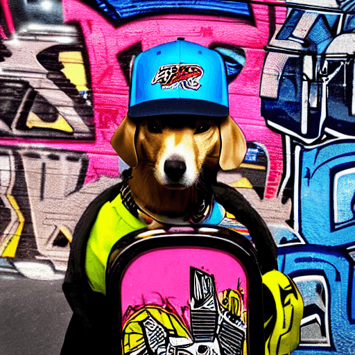 AI generated: Cyberpunk style, a dog standing on a skateboard, wearing a backwards baseball cap and holding a boom...