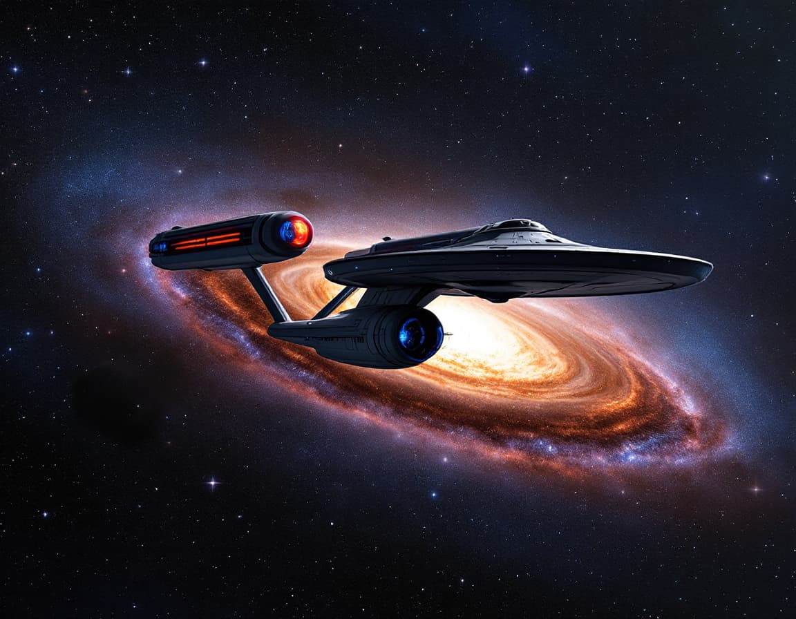 AI generated: enterprise ncc-1701D twin engine starship in starry space against background of Andromeda Galaxy, ph...