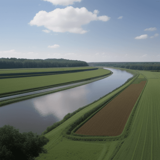 AI generated: farm picture with river in the middle feel warm