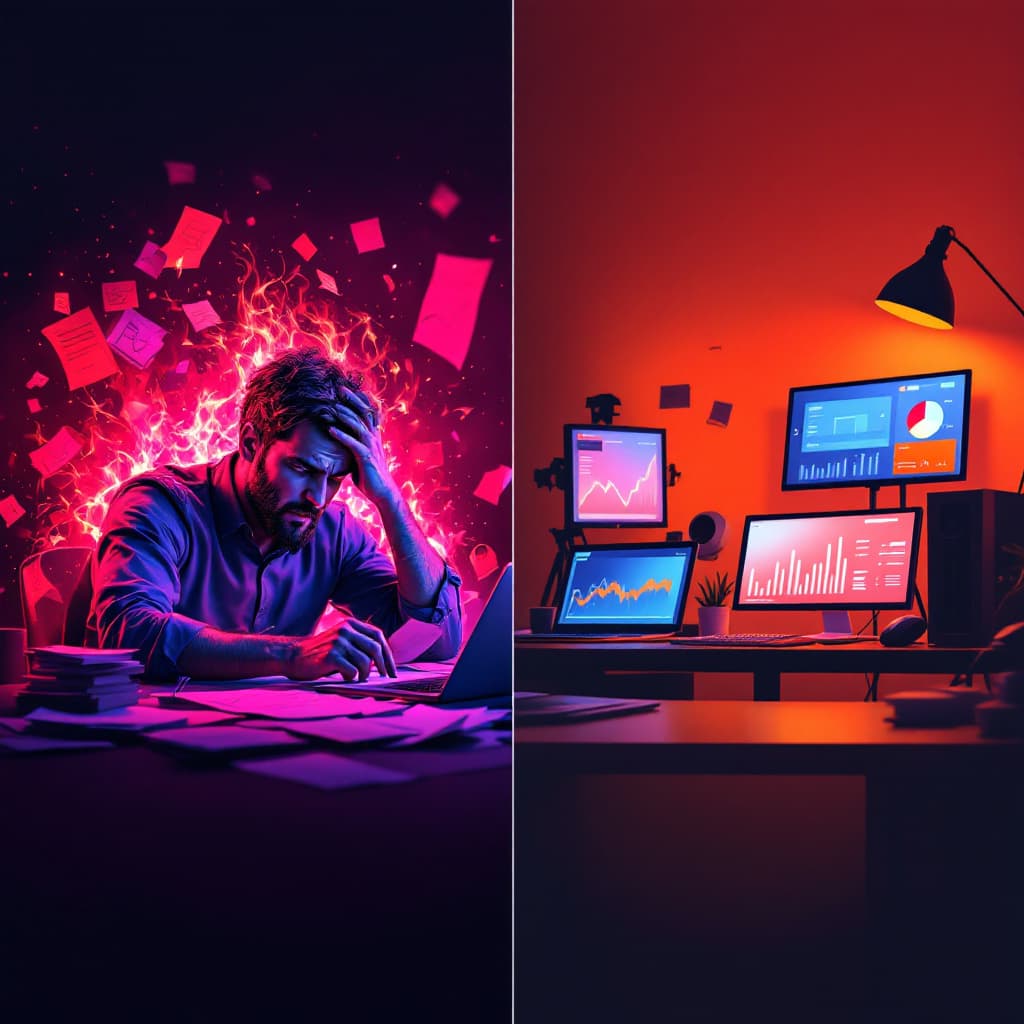 AI generated: Purple to Indigo Gradient
Red to Orange Gradient
"Split-screen concept: Left panel depicts a fluster...