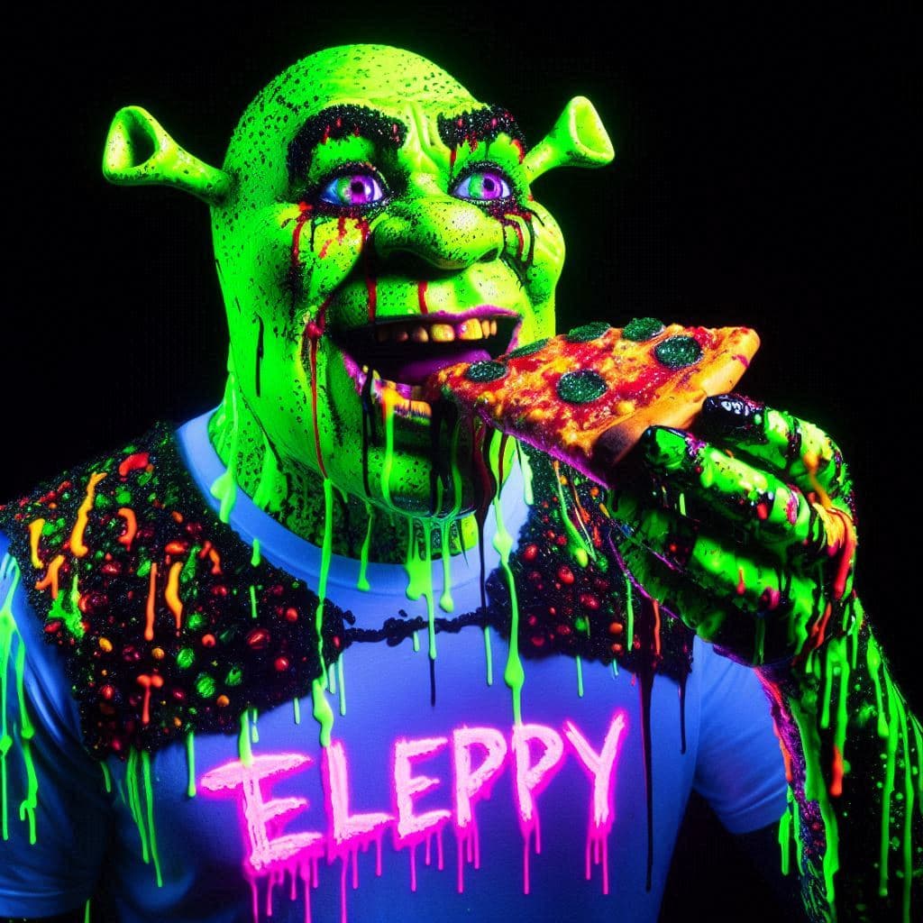 AI generated: Shrek representado con caracteres ascii debe tener una piel verde brillante. Está comiendo una pizza...