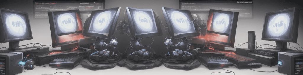 AI generated: In the background there are personal computers, keyboards, monitor, different pc components. In the ...