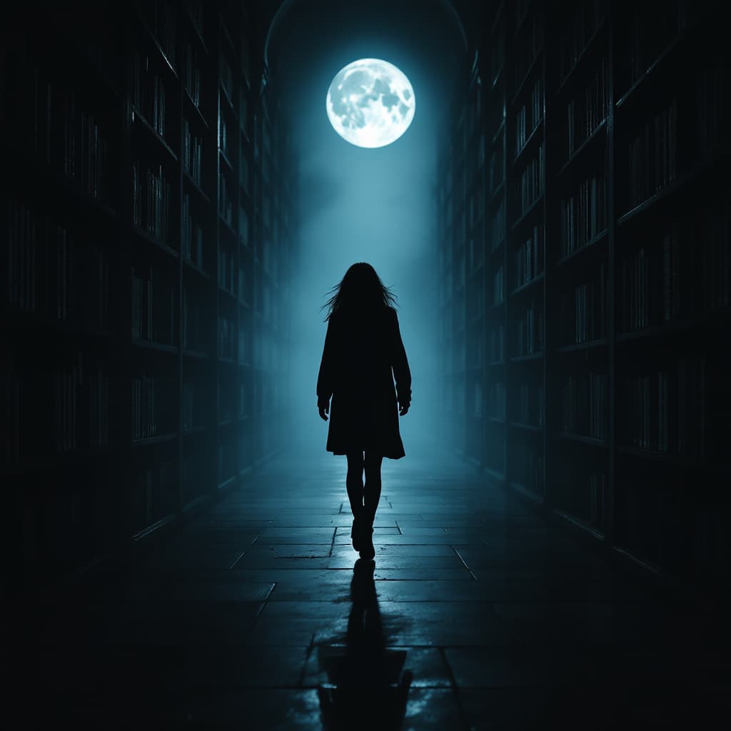 AI generated: Tracking Shot. Following a walking girl as move slowly through the library, the silhouette shifting ...