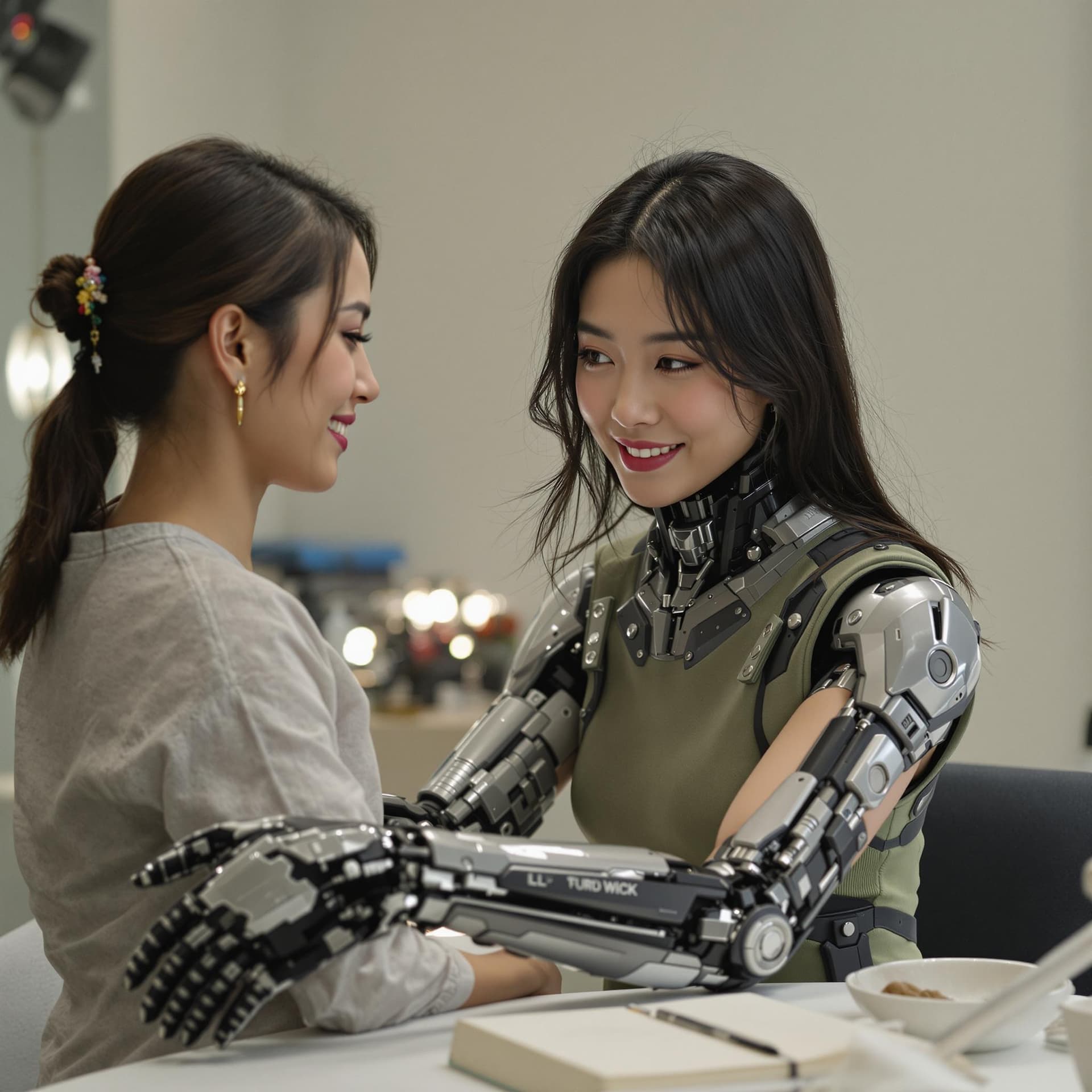 AI generated: asian woman has her arm replaced wit a mechanical one after losing it during the war against the mac...
