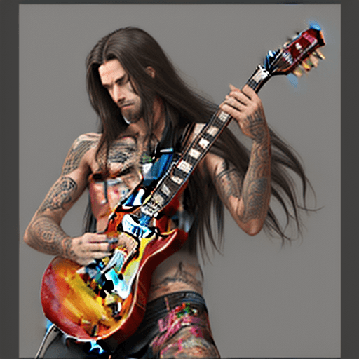 AI generated: Perfect digital painting of a man entire body with long hair and tattoos, playing a red les paul gui...